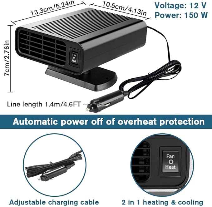 Car Heater-12V Portable Car Heaters for Vehicle, 150W Car Heater that Plug in Cigarette Lighter, 2 in 1 Heating & cooling Fast Heating Defrost Defogger