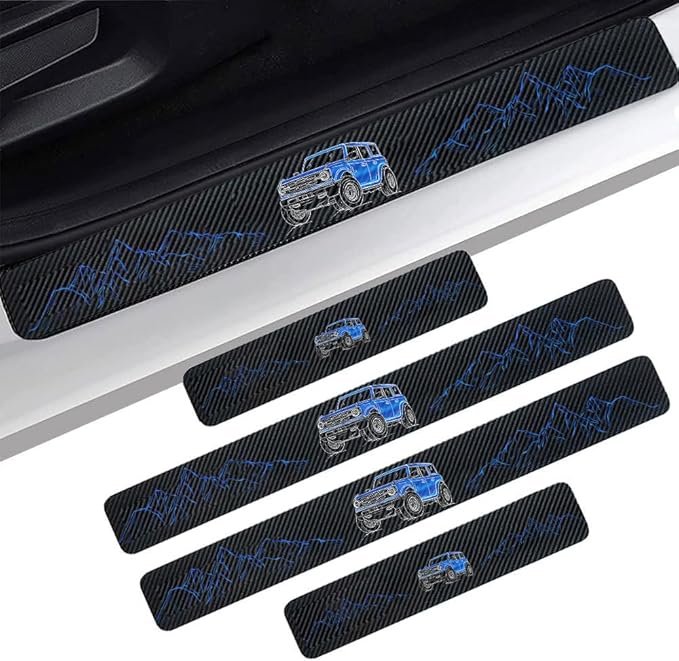 4PCS Carbon Fiber Door Sill Protectors Front/Rear Anti-Scratch Entry Guard (Door-Blue)