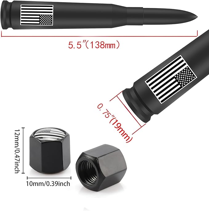America Flag Truck Car Bullet Antenna with Valve Stem Caps Mast for GM Chevy Silverado 1500 2500 3500 HD Ford F150 F250 F350 Denali Heavy Pickup Jeep AM/FM Truck Accessories (Matte Black)-Anti Theft