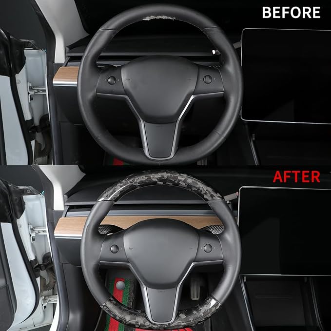 JSWAN Real Carbon Fiber Steering Wheel Cover for Tesla Model 3 2017 to 2023 Model Y 2020 to 2024 Steering Wheel Cover Steering Wheel Wrap Protector Interior Accessories (Forging 2pcs)