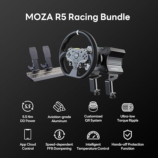 MOZA R5 All-in-One PC Gaming Racing Simulator: 5.5Nm Direct Drive Wheel Base, 11-inch Racing Wheel, Anti-Slip Pedals and a Desk Clamp, Cloud-based App Control