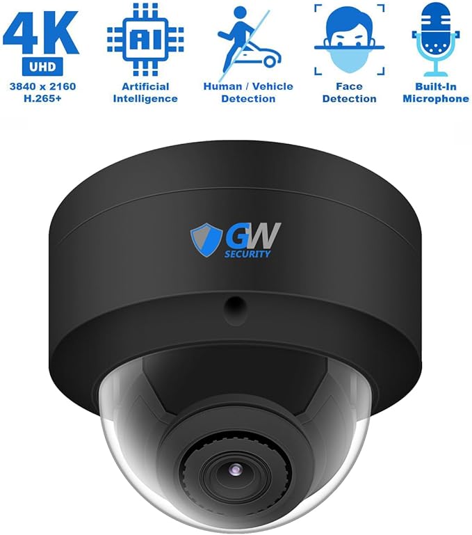 GW Security 64 Channel 12MP NVR UltraHD 4K Face/Human/Vehicle AI Detection Commercial Security Camera System with 64 x 8MP Waterproof Microphone 135° Wide Angle Outdoor Indoor PoE Dome Cameras (Black)