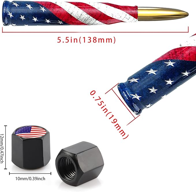 American Flag Car Truck Bullet Antenna with Valve Stem Caps, Universal Antenna Mast for GM Chevy Silverado 1500 2500 3500 HD Avalanche Ford F150 F250 F350 Heavy Duty Pickup Jeep Accessories (Gold)