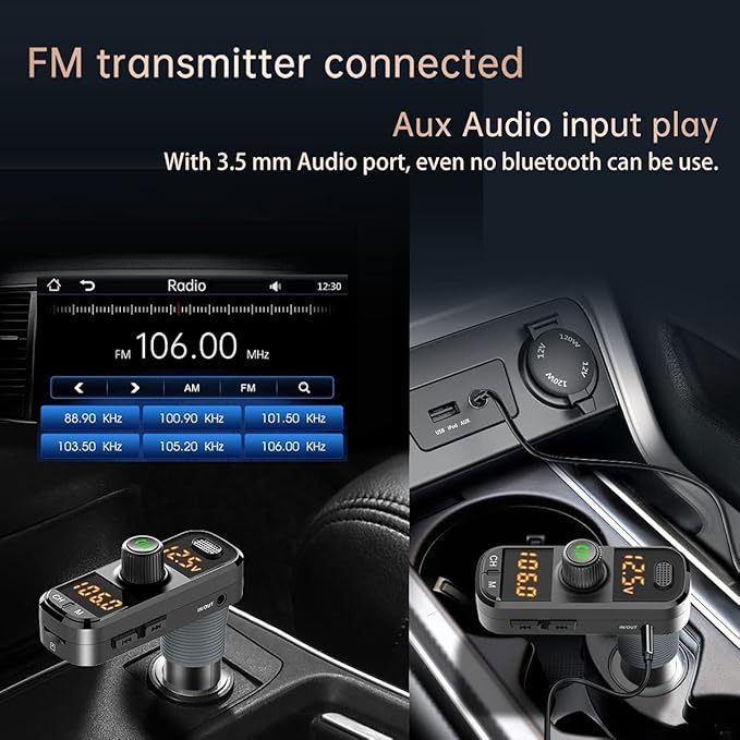 Bluetooth 5.0 Car Change Radio Receiver with 2 Stronger Microphones, 41W PD QC 3.0 USB Car Charger, Aux in/Out Wireless Audio Music Adapter, with Hands Free Calls and Voice Assistant