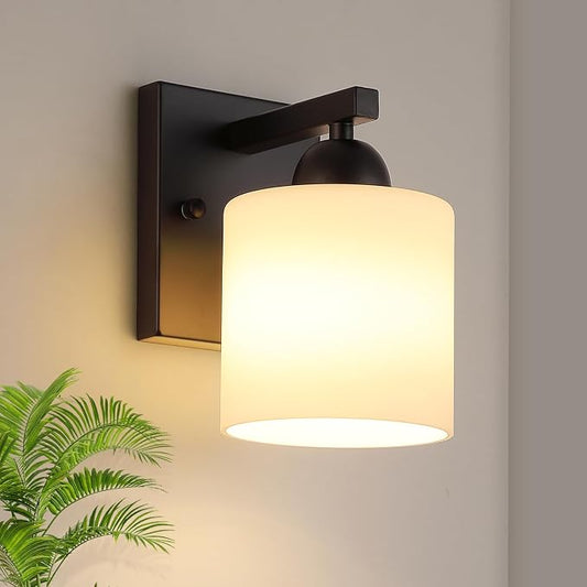 Mecgirn Matte Black Milk Glass Wall Sconces, 1 Pack Hardwired Indoor Wall Light Fixtures for Living Room, Hallway, Bedroom, Ceramic E26 Sockets (Bulbs Not Included)