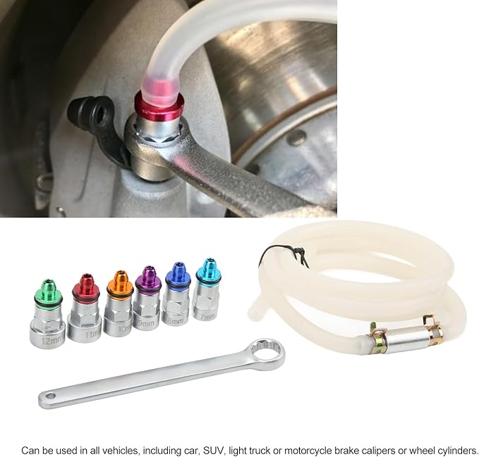 Brake Bleeder Wrench Kit with 6 Adapters, Metal Rubber, Universal for Car SUV Light Truck Motorcycle, 7-12mm, Check Valve & Brake Fluid, Air Elimination, No Wheel Removal or