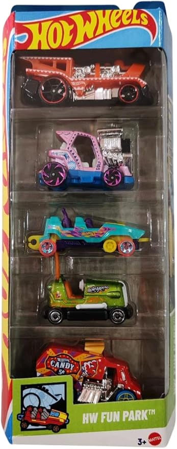 Hot Wheels Car 2025 HW Fun Park Pack of 5 (Bump Around, Loopster, Cool One, Loco Motorin, Tee'd Off 2) Multi - Color