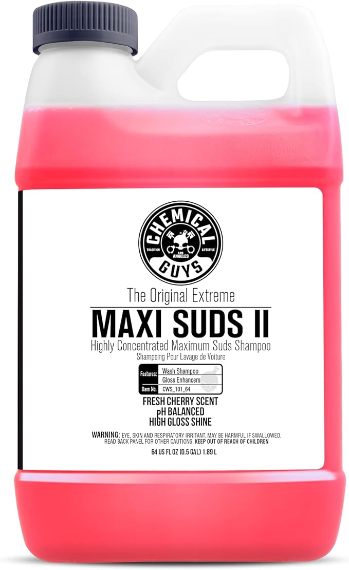 Chemical Guys Maxi Suds II Foaming Car Wash Soap – High Foam Car Wash Soap, Cherry Scent Shampoo and Gloss Booster for Foam Cannons, Guns or Buckets – Gentle, Safe for Trucks, SUVs, and RVs, 64 oz