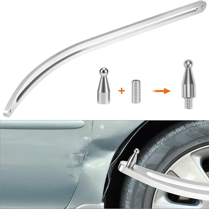 QWORK Car Dent Removal Tool Kit, Stainless Steel Auto Fender Repair Puller, Crowbar Tools Hook Rods, Lifter Big Curved Rod, with Curved Rods, Rubber Mallet, and Hooks