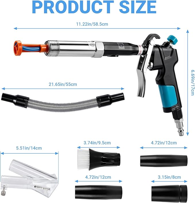Car Interior Cleaning Gun with 2-in-1 Air Blower Attachments, Detailing Brush and Swivel Connector – for Car Seats, Carpets, Dashboards, Floor Mats, Air Vents, Pet Hair Removal and Rapid Drying