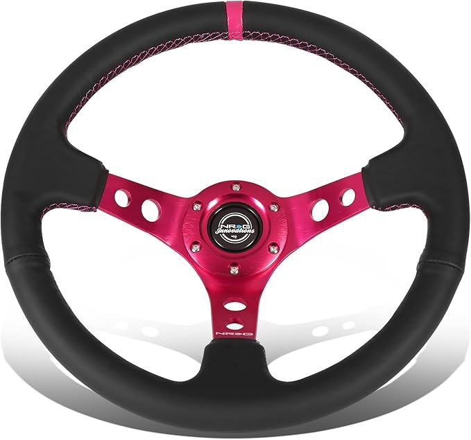 NRG Innovations NRG-RST-006FH Reinforced Steering Wheel 350mm Sport Steering Wheel (3" Deep), Black Leather Fushia Center Mark with Fushia Stitching, Fushia Center Spoke