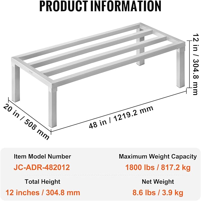 VEVOR Aluminum Dunnage Rack, 48” x 20” Commercial Food Floor Rack, 12” Off the Floor, 1800 lbs Capacity All-Welded Aluminum Storage Rack, for Storage in Restaurants, Kitchens, Garages and Vehicles