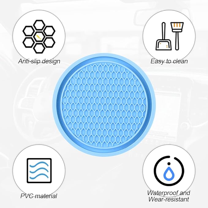 Osilly 4 Pack Car Coaster, 2.75 Inch PVC Anti Slip Cup Holder Insert Coaster, Honeycomb Waterproof Drink Mat Suitable for Most Car Interior, Universal Vehicle Accessories for Women and Men (Blue)