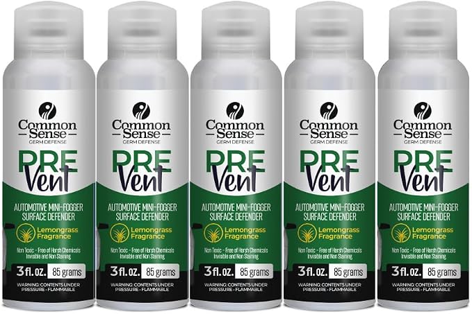 PreVent Car Fogger Deodorizing Air Refresher by Smart Common Sense, Long-Lasting Odor Control Spray for Vehicles, Lemongrass Fragrance, 3 fl. Oz 5-Pack