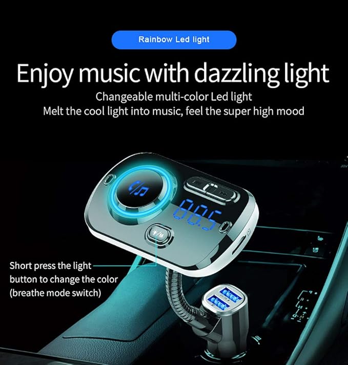 Bluetooth FM Transmitter for Car, 5.0 Bluetooth Handsfree Car Kit Dual USB Colorful Atmosphere Light Support SIRI/Google Voice Assistant QC 3.0 Fast Charge