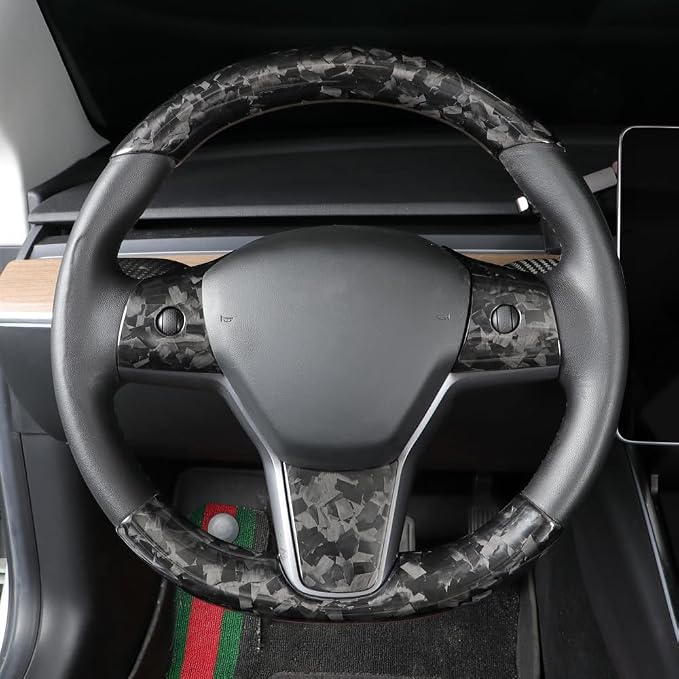 JSWAN Real Carbon Fiber Steering Wheel Cover for Tesla Model 3 2017 to 2023 Model Y 2020 to 2024 Steering Wheel Cover Steering Wheel Wrap Protector Interior Accessories (Forging 2pcs)