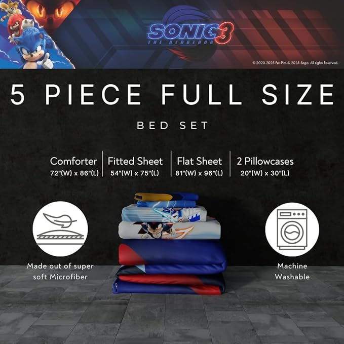 Franco Sonic The Hedgehog 3 Movie Kids Bedding Super Soft Comforter and Sheet Set, 5 Piece Full Size, (Officially Licensed Product) | Durable, Reversible, Officially Licensed