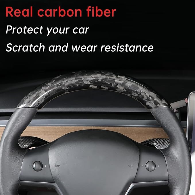 JSWAN Real Carbon Fiber Steering Wheel Cover for Tesla Model 3 2017 to 2023 Model Y 2020 to 2024 Steering Wheel Cover Steering Wheel Wrap Protector Interior Accessories (Forging Upper Part)