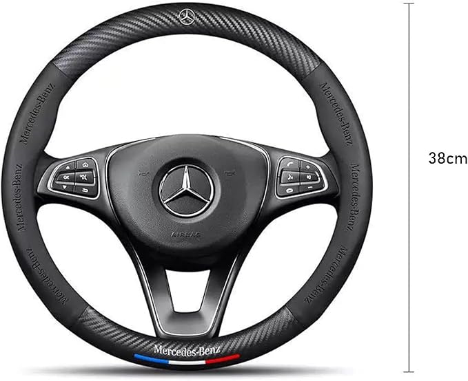 Fit Mercedes Benz Leather Steering Wheel Cover,Stylish Nappa Leather Carbon Fiber Texture Protector 15inch Fit Mercedes Benz A C E S Class Series GLK CLA GLA GLC GLE CLS SLK Accessories
