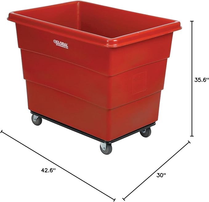 Global Industrial 16 Bushel Plastic Bulk Box Truck, Steel Chassis Base, 1000 lbs. Capacity, 4" Non-Maring Rubber Casters, Red, 42-3/5"L x 30" W x 35-3/5"H