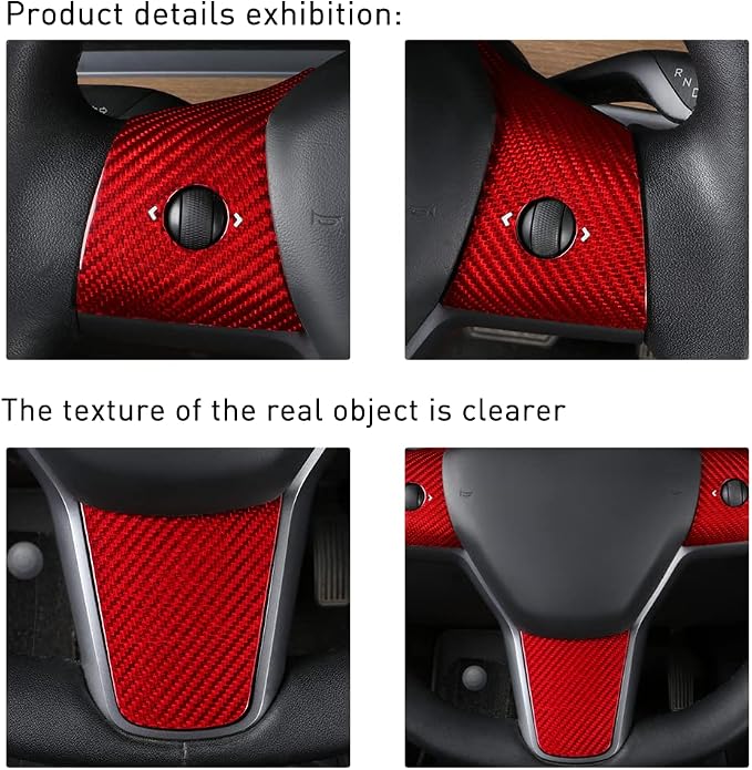 JSWAN Real Carbon Fiber Steering Wheel Panel Cover for Tesla Model 3 2017 to 2023 Model Y 2020 to 2024 Steering Wheel Button Frame Cover Accessories (Red Cover)