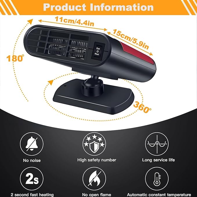 Portable Car Heater,12V Car Heater that Plugs into Cigartte Lighter,Fast Heating Windshield Defroster,2-in-1 Heating & Cooling 360° Rotatable Car Heaters for Vehicle (Red)