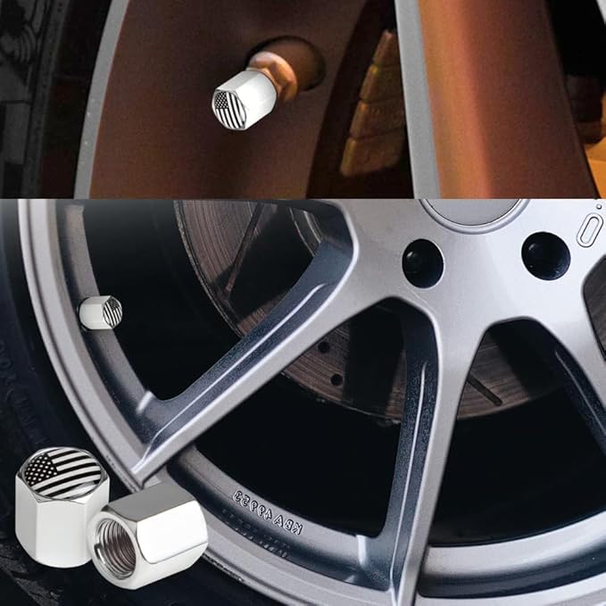 TACTILIAN American Flag Chrome Valve Stem Caps 4 Pack | Leakproof Aluminum Tire Valve Caps with Rubber O-Ring, Universal Fit for Cars, Trucks, SUVs | Silver Tire Valve Caps Chrome Valve Stem Covers