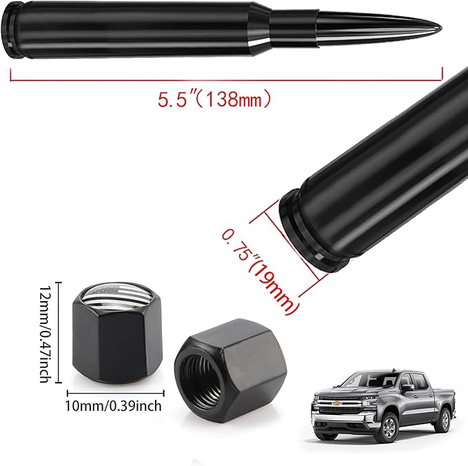 Car Truck Bullet Antenna with Valve Stem Caps Mast for GM Chevy Silverado 1500 2500 3500 HD Ford F150 F250 F350 Denali Heavy Pickup Truck Accessories (Black)-Car wash Safe-Anti Theft