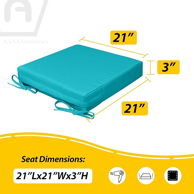 AAAAAcessories Outdoor Seat Cushions for Chairs, Waterproof, Fade-Resistant, 21" x 21" x 3", Patio Furniture Replacement Cushions, Set of 2, Turquoise Blue
