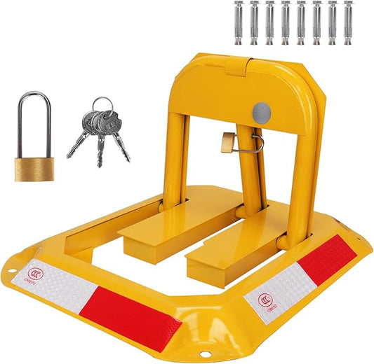 Tevlaphee Orange Foldable Parking Barrier, Cylindrical Lock, Double Lock Design for Extra Protection