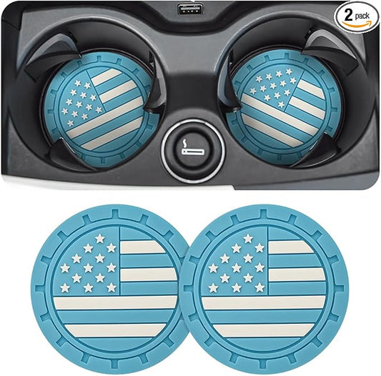 AUCELI 2 Pack Car Cup Holder Coasters, Colored American Flag US Flag Insert Car Cup Coaster, 2.75 Inch Anti Slip Shockproof Embedded Drink Mat, Vehicle Interior Decor Accessories