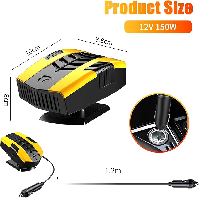 2026 Portable Car Heaters for Vehicle, Car Heater That Plugs Into Cigarette Lighte, Portable Heater for Car, 2 in 1 Fast Heating & Cooling 360° Rotatable Car Defroster Windshield Heater Yellow
