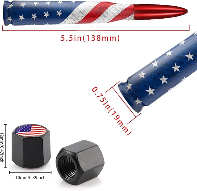 Car Truck Bullet Antenna with Valve Stem Caps, Universal Antenna Mast for GM Chevy Silverado 1500 2500 3500 HD Avalanche Ford F150 F250 F350 Heavy Duty Pickup Jeep Accessories (Red)-American Flag