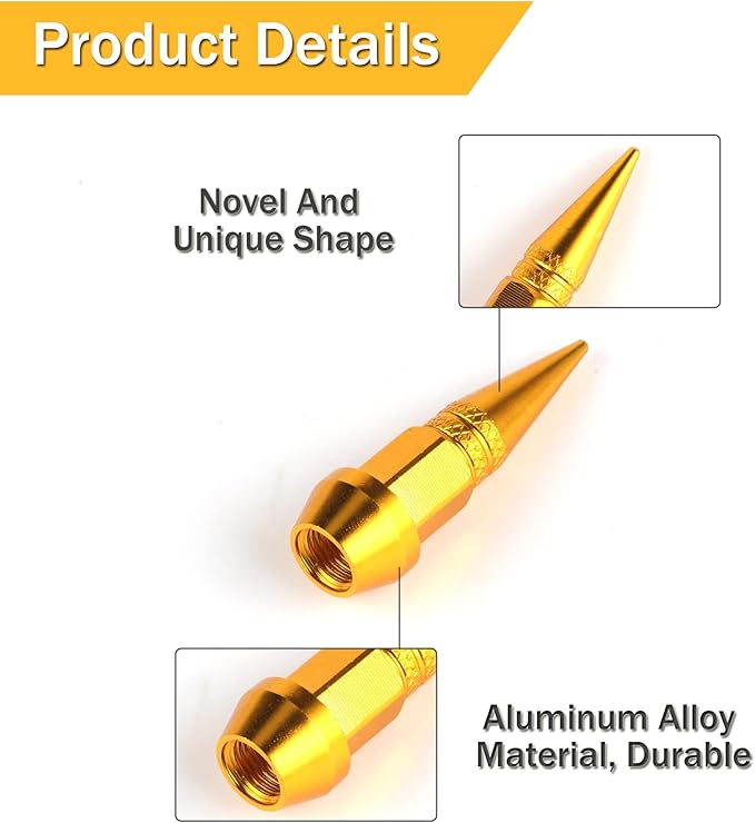 SINGARO 45mm Spiked Aluminum Stem Valve Caps,4PCS Dustproof Tire Wheel Stem Caps for Cars,SUVs,Trucks Bicycles and Motorcycles(Gold)