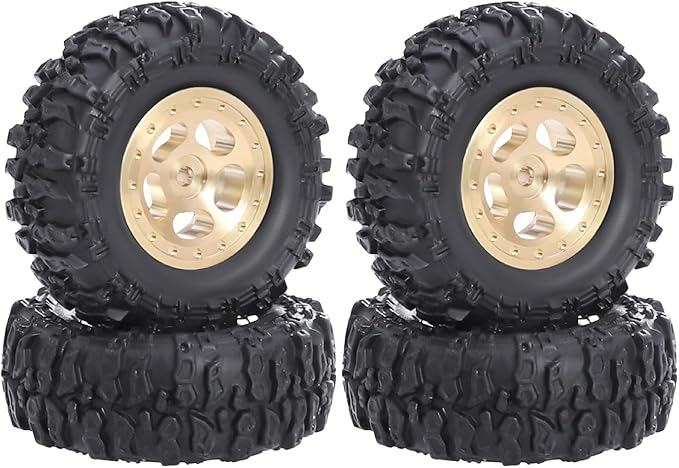4pcs SCX30 Brass Offset 0.7'' Wheels Set with Rubber Tires Sponge Insert for AXIAL SCX30 Ford Bronco JEEP WRANGLER JLU RC Crawler Upgrade Part ﻿ (Golden 5-hole set)