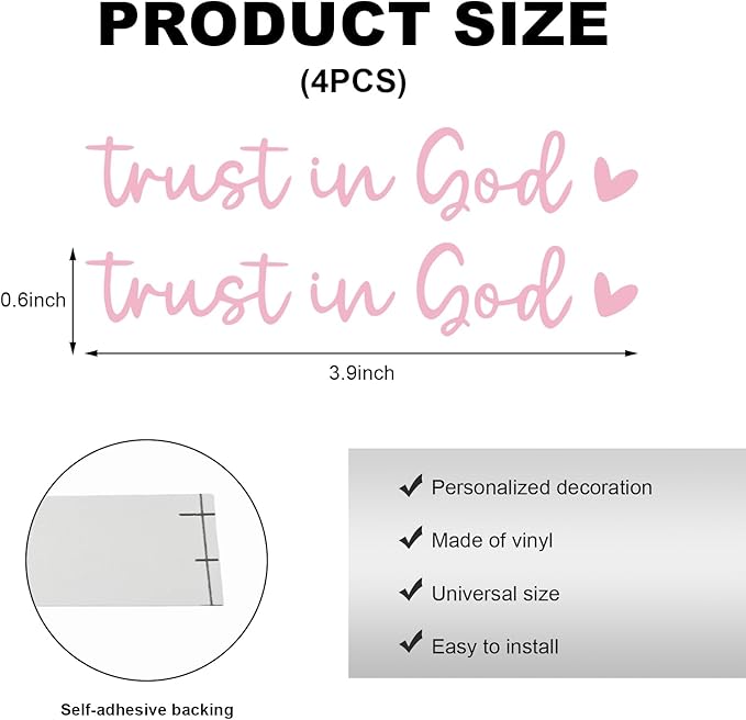 DXNQ 4 PCS Trust in God Rearview Mirror Decals, Automotive Vinyl Rear View Mirror Decorative Stickers, Waterproof Trust in God Stickers for Car Truck Laptop, Car Accessories (Pink)