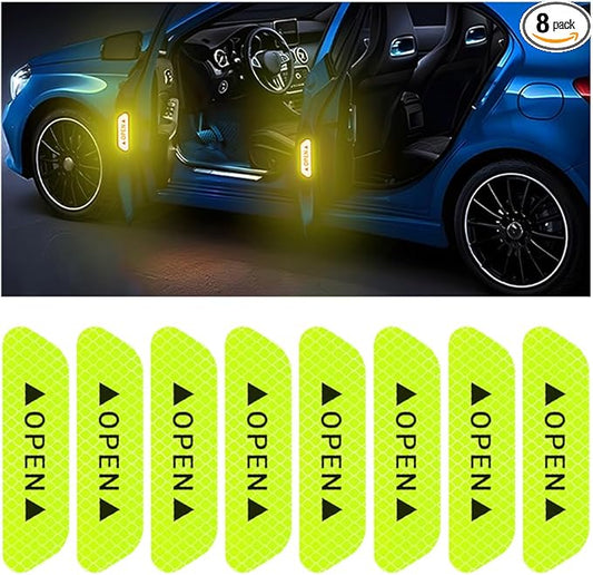 8PCS Reflective Open Warning Stickers for Car Door, Night Visibility Auto Safety Prompt Decals, Anti-Collision Protective Strip Tape, Car Accessories Universal for Truck, SUV, Van (Green)