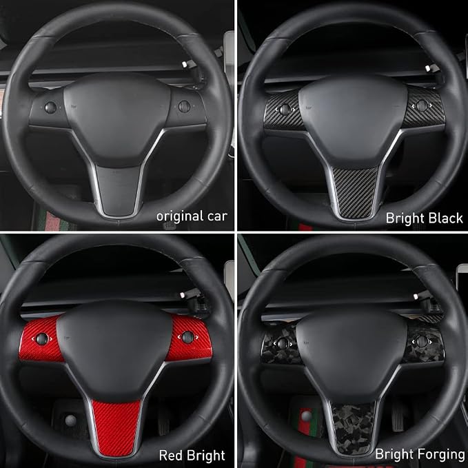 JSWAN Carbon Fiber Steering Wheel Panel Cover for Tesla Model 3 (2017 to 2023) Model Y (2020 to 2024) Steering Wheel Button Frame Wrap Accessories (Bright Black Panel Cover)