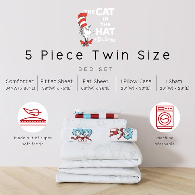 Dr. Seuss Cat in The Hat Kids Bedding, 5 Piece Twin Bed Set, Soft Cozy Reversible Comforter and Sheet Set with Sham, Officially Licensed Product by Franco