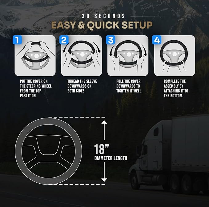 18-Inch Genuine Leather Steering Wheel Cover for Semi Trucks – Black with Carbon Fiber Imitation, Heavy-Duty Non-Slip Grip, Universal Fit, Easy Installation