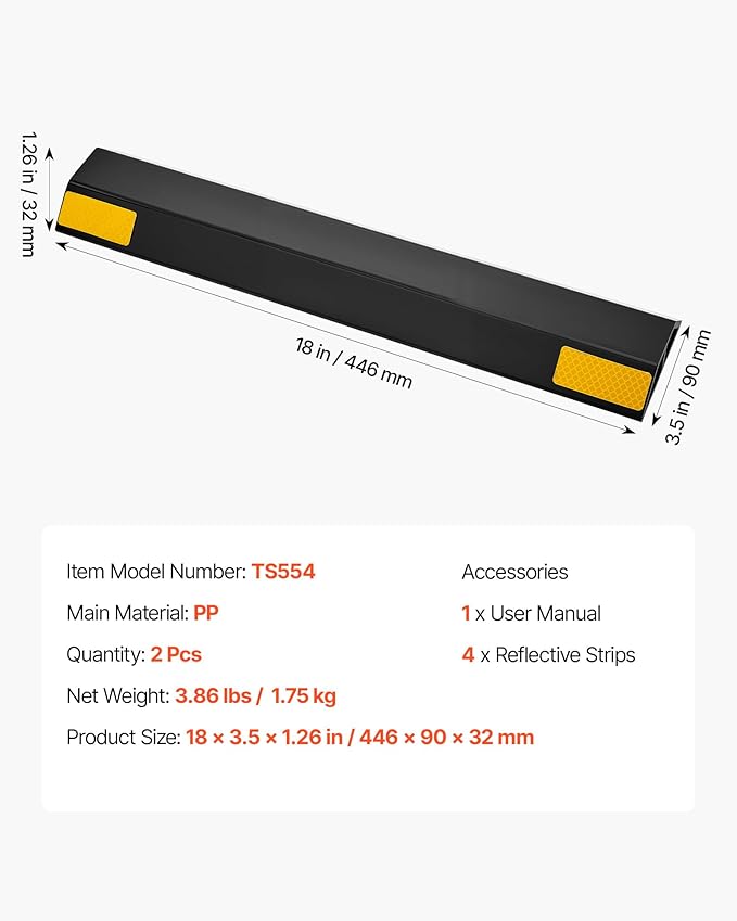 VEVOR Parking Stopper, 18 Inch 2 Pcs Heavy Duty Parking Aid for Garage, PP Curb Garage Floor Stopper with Reflective Strips, Vehicles Gadgets for Cars Vans Trucks Tire Wheel Guide Block Stops Bumpers