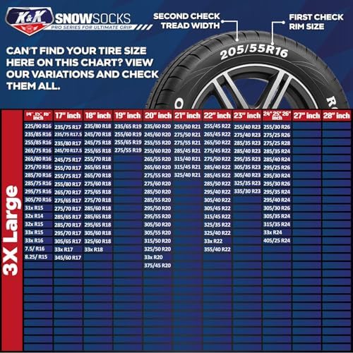 K&K Auto Snow Socks for Tires – Pro Series for Ultimate Grip Approved Snow Chain Alternative Traction Device – Tire Sock for Pickup Truck SUV Van – Winter Travel Accessory Emergency Kit – 3XL (2pcs)