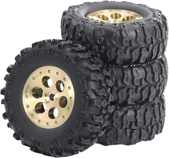 4pcs SCX30 Brass Offset 0.7'' Wheels Set with Rubber Tires Sponge Insert for AXIAL SCX30 Ford Bronco JEEP WRANGLER JLU RC Crawler Upgrade Part ﻿ (Golden 6-hole set)