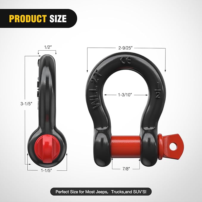 Nilight 2 Pack Small Shackles 1/2" D-Ring Shackle 2 Ton (4409 lbs) Capacity Heavy Duty Off Road Recovery Shackle Kit for Cars and Other Applications for Tie Downs, Black Red