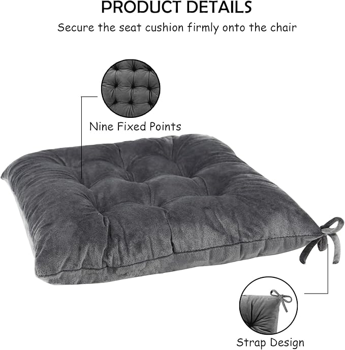 4 Pack Square Seat Cushion Chair Pads for Kitchen Dining Chairs, Soft Comfort Velvet Chair Mat Pillow Cushions with Ties for Office Desk Living Room Tatami 15.5", Dark Gray