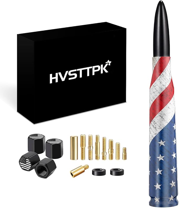Car Truck Bullet Antenna with Valve Stem Caps for F150 F250 F350 Super Chevrolet Duty Raptor Dodge Ram 1500 2500 3500,Pickup Jeep Accessories（Black ）- American Flag Design-Car Wash Safe