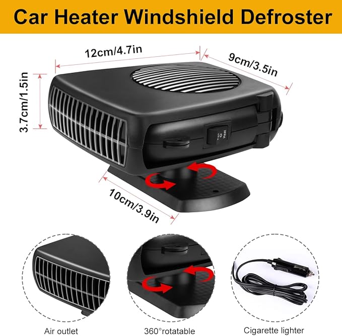Car Heater, 200W 12V Portable Windshield Defogger and Defroster，2 in 1 Modes Fast Heating &Cooling Fanswith Cigarette Lighter Plug 360 Degree Rotary Base（Black）