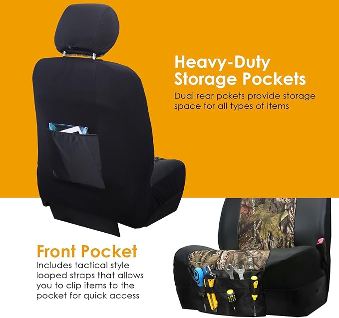 LPI Truck Mossy Oak Heavy Duty Car Seat Covers for Front Seats; Fits Sedans and SUVs, Includes Front and Rear Storage Pockets, Built-in Molle Style Organizer; Semi-Custom Fit; 2pcs