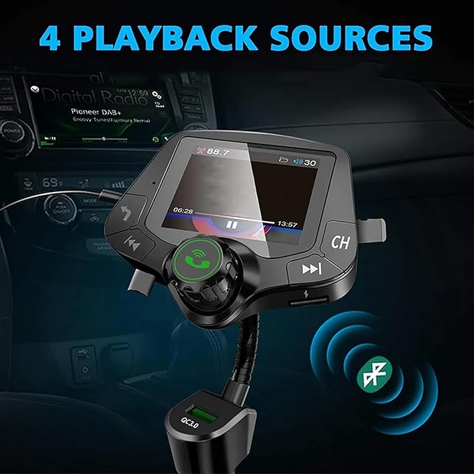Wireless in-Car Bluetooth FM Transmitter Radio Adapter Car Kit, BT 5.0 & QC3.0 FM Transmitter for Car with 2 Inch Full Color Screen Display, 2 USB Ports, Hi-Fi Music