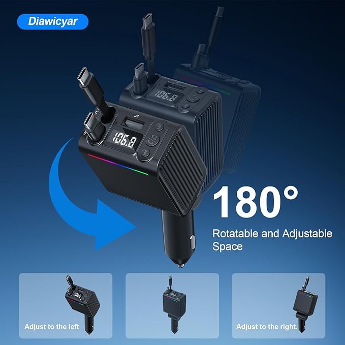 FM Transmitter Bluetooth Car Adapter - 45W Retractable Car Charger [PD 30W & QC3.0] Wireless Radio FM Bluetooth Transmitter for Old Cars, Hands-Free Calling, Black